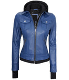 Back view of Women's's Blue Hooded Leather Bomber Jacket