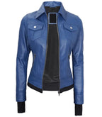 Close-up detail of Women's's Blue Hooded Leather Bomber Jacket