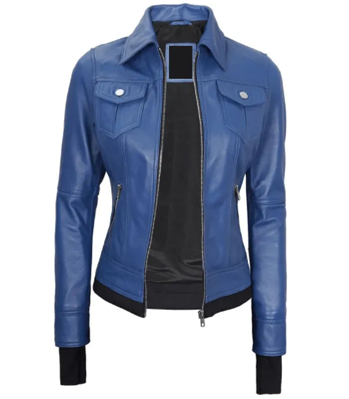 Close-up detail of Women's's Blue Hooded Leather Bomber Jacket