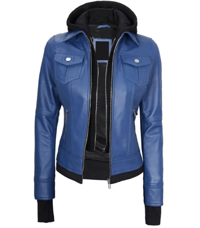 Front view of Women's's Blue Hooded Leather Bomber Jacket