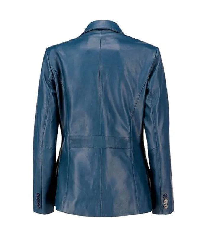 Back view of Women's's Blue Leather Blazer