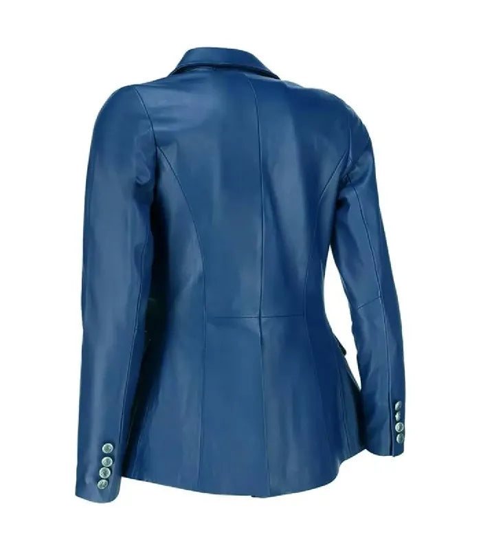 Back view of Women's's Double Breasted Blue Leather Blazer