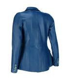 Back view of Women's's Double Breasted Blue Leather Blazer