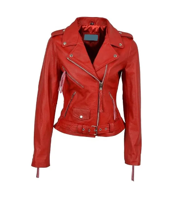 Front view of Women's's Brando Red Leather Biker Jacket