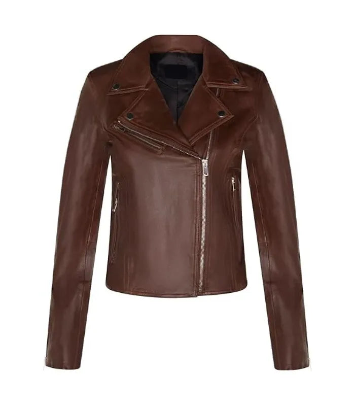 Front view of Women's's Brown Classic Biker Leather Jacket