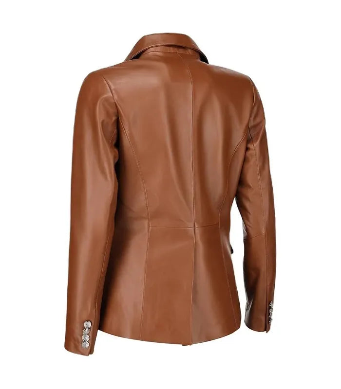 Back view of Women's's Double Breasted Brown Leather Blazer