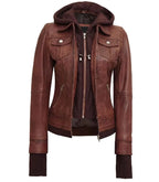 Detail view of Women's's Brown Hooded Leather Bomber Jacket