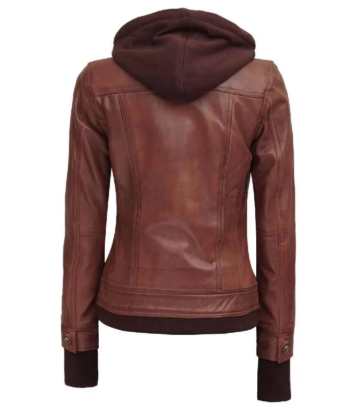 Back view of Women's's Brown Hooded Leather Bomber Jacket