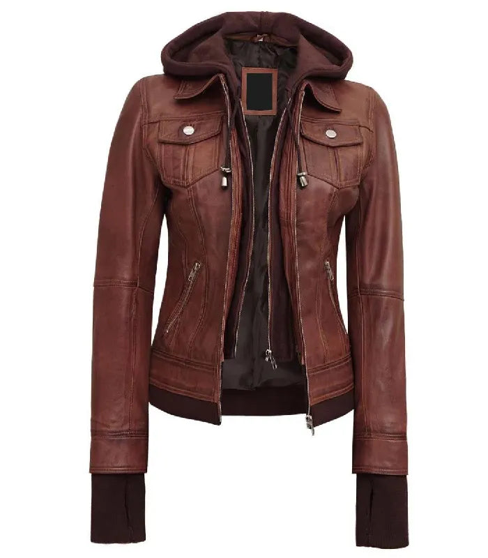 Front view of Women's's Brown Hooded Leather Bomber Jacket
