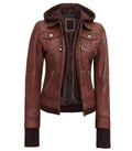 Front view of Women's's Brown Hooded Leather Bomber Jacket