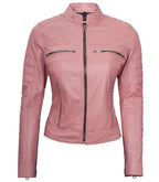 Front view of Women's Cafe Racer Pink Leather Jacket