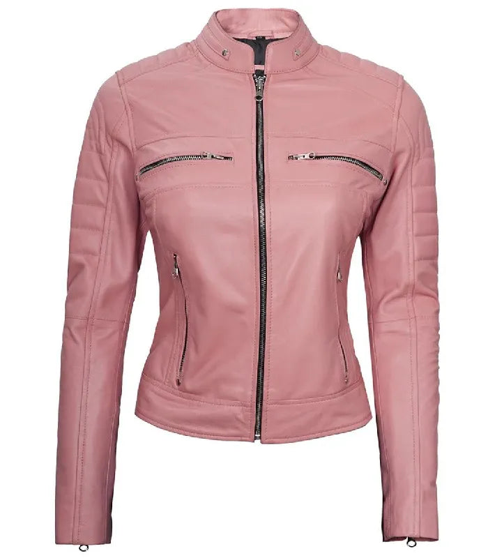 Front view of Women's Cafe Racer Pink Leather Jacket