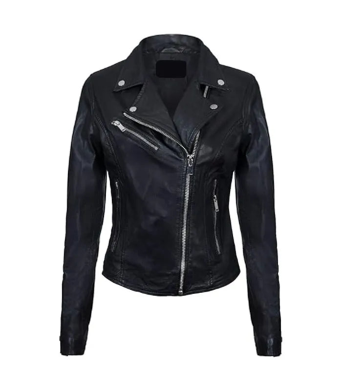 Front view of Women's's Classic Black Biker Leather Jacket