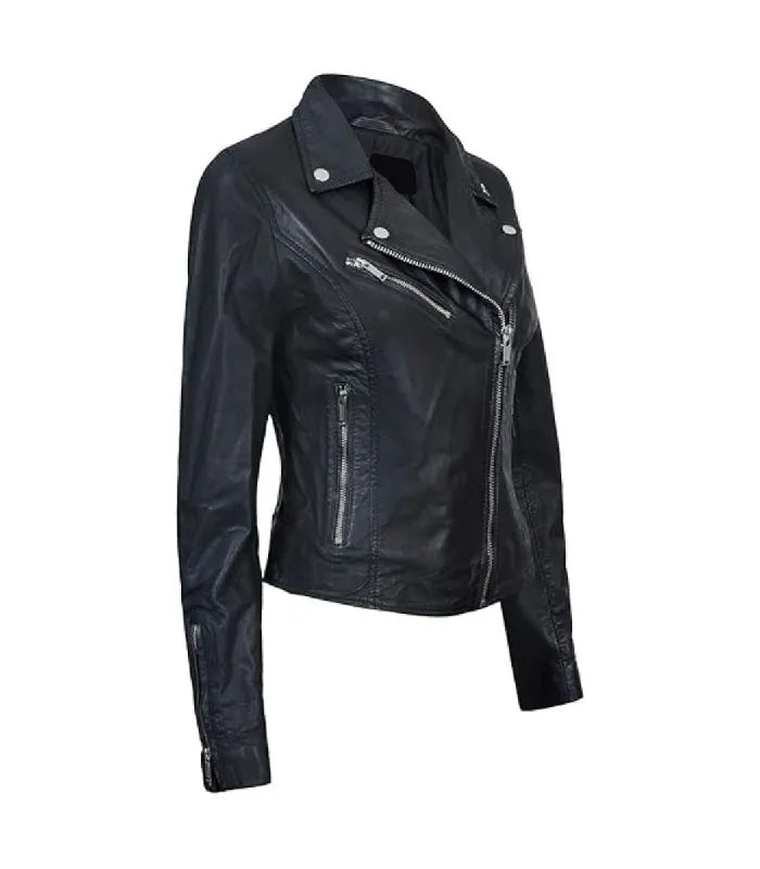 Side view of Women's's Classic Black Biker Leather Jacket