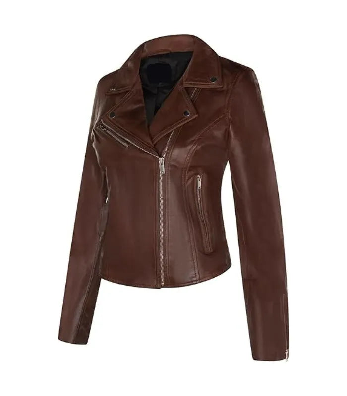 Side view of Women's's Brown Classic Biker Leather Jacket