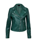 Front view of Women's's Classic Green Biker Leather Jacket
