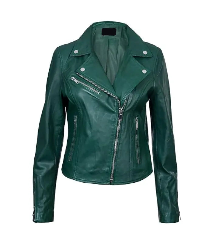 Front view of Women's's Classic Green Biker Leather Jacket
