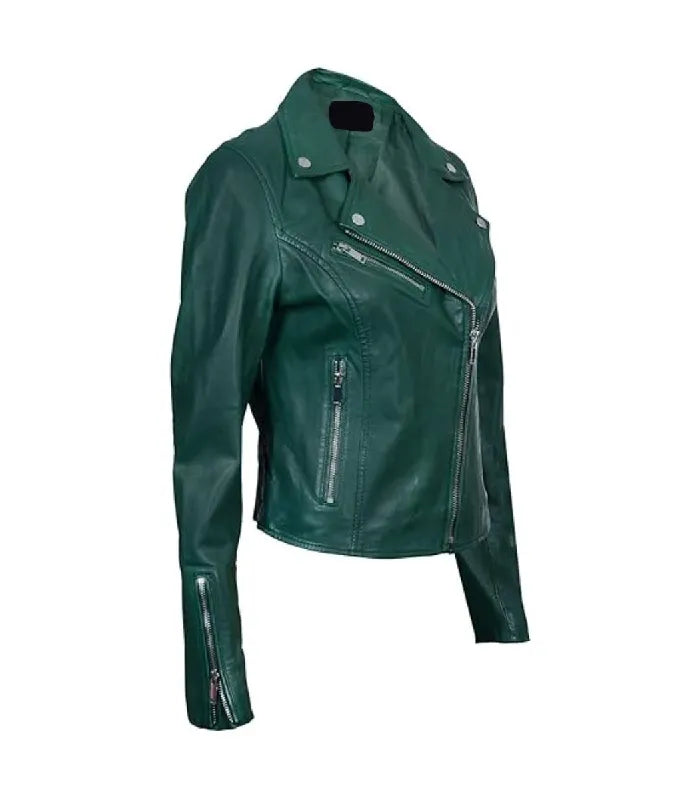 Side view of Women's's Classic Green Biker Leather Jacket