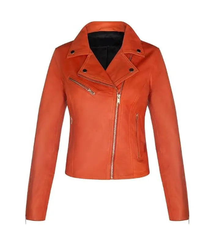 Front view of Women's's Classic Orange Biker Leather Jacket