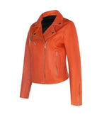 Side view of Women's's Classic Orange Biker Leather Jacket