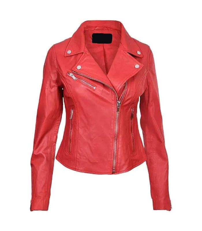 Front view of Women's's Classic Red Leather Biker Jacket