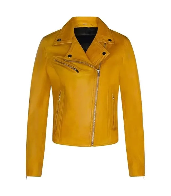Front view of Women's's Classic Yellow Biker Leather Jacket