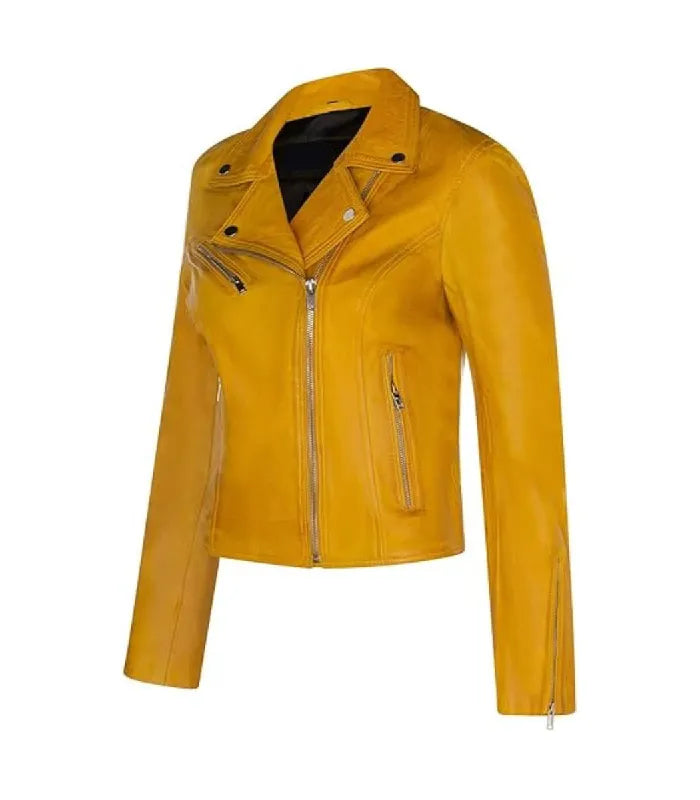 Side view of Women's's Classic Yellow Biker Leather Jacket