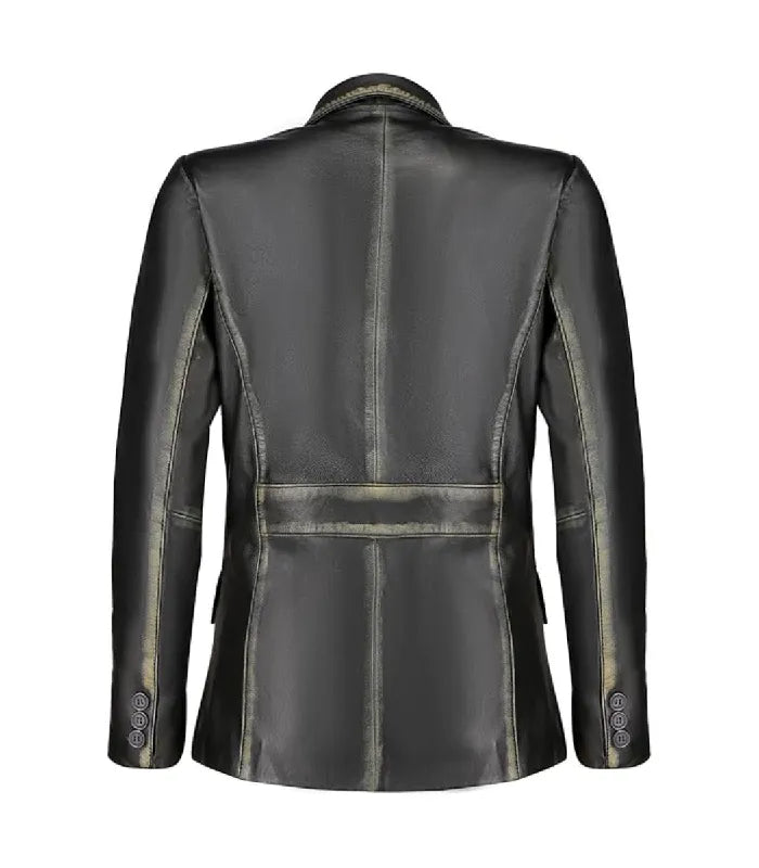 Back view of Women's's Distressed Black Leather Blazer