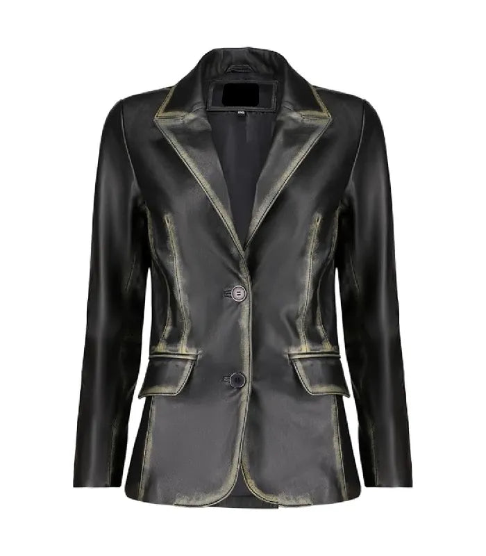 Front view of Women's's Distressed Black Leather Blazer