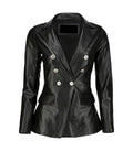 Front view of Women's's Double Breasted Black Leather Blazer