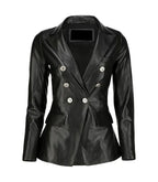 Front view of Women's's Double Breasted Black Leather Blazer