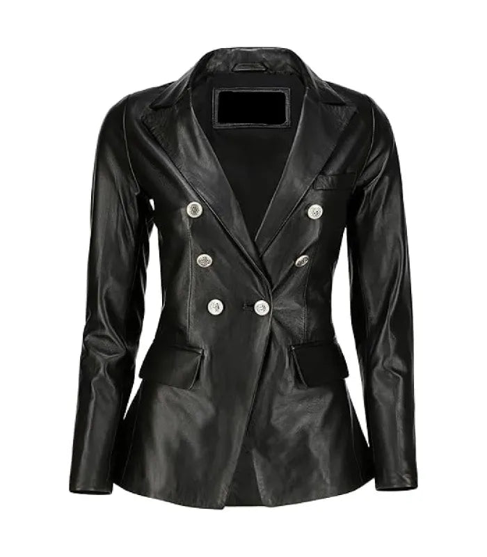 Front view of Women's's Double Breasted Black Leather Blazer