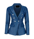 Front view of Women's's Double Breasted Blue Leather Blazer