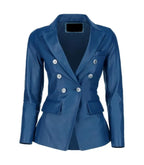 Front view of Women's's Double Breasted Blue Leather Blazer