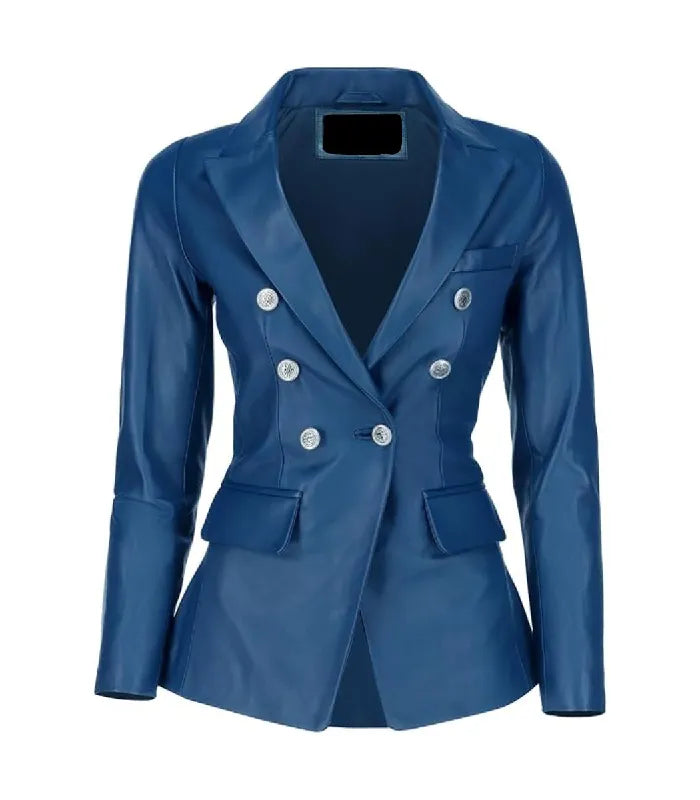 Front view of Women's's Double Breasted Blue Leather Blazer