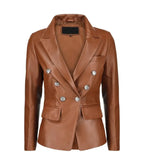Front view of Women's's Double Breasted Brown Leather Blazer