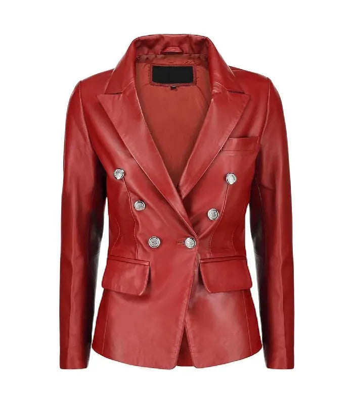 Front view of Women's's Double Breasted Red Leather Blazer