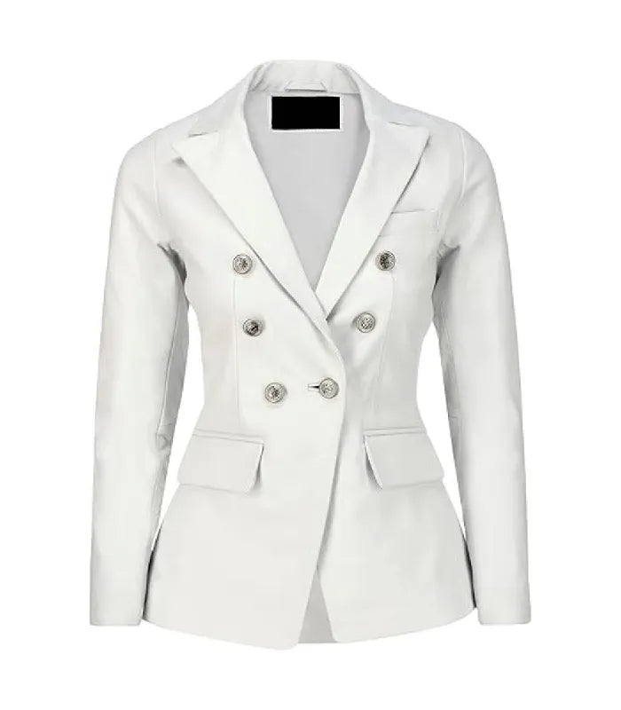 Front view of Women's's Double Breasted White Leather Blazer