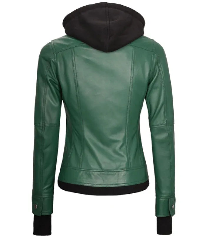 Back view of Women's's Green Hooded Leather Bomber Jacket