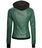 Back view of Women's's Green Hooded Leather Bomber Jacket