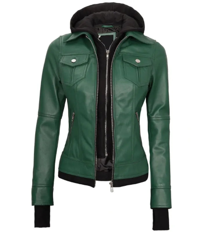 Side view of Women's's Green Hooded Leather Bomber Jacket