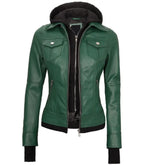 Side view of Women's's Green Hooded Leather Bomber Jacket