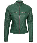Front view of Women's Cafe Racer Green Leather Jacket