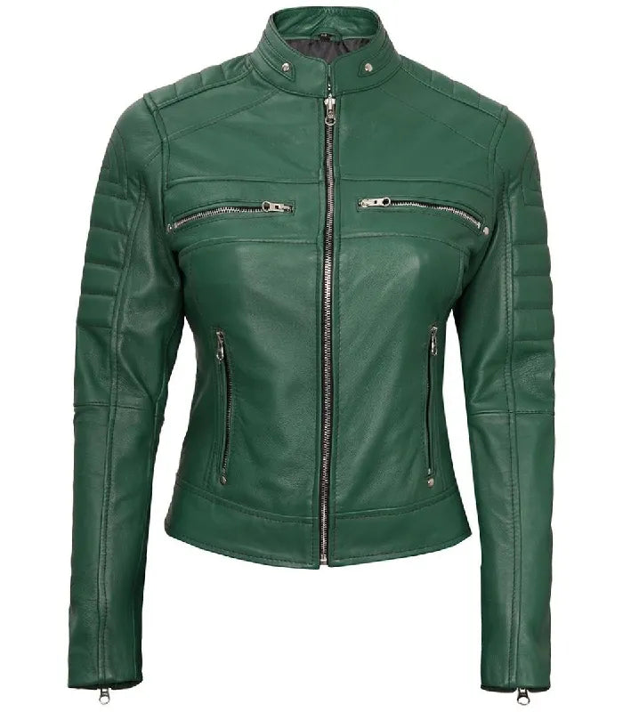 Front view of Women's Cafe Racer Green Leather Jacket