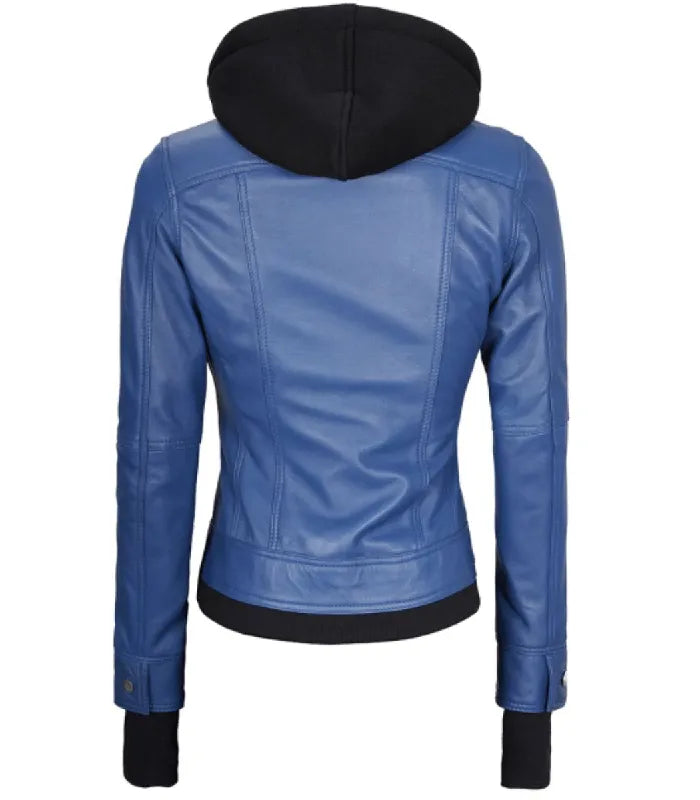 Detail view of Women's's Blue Hooded Leather Bomber Jacket