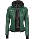 Front view of Women's's Green Hooded Leather Bomber Jacket