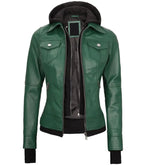 Front view of Women's's Green Hooded Leather Bomber Jacket