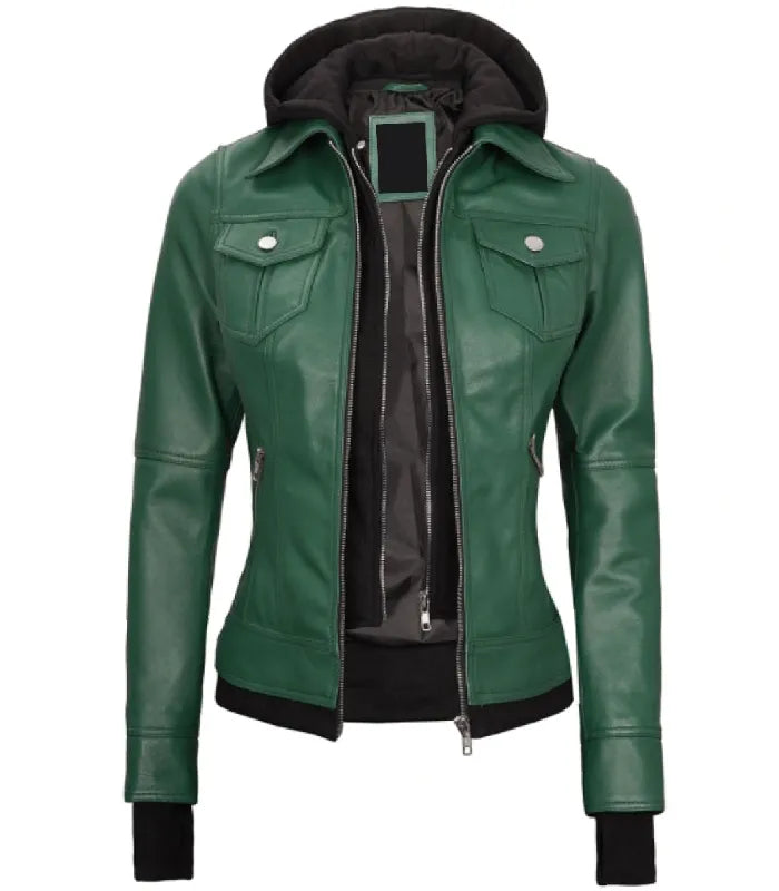 Front view of Women's's Green Hooded Leather Bomber Jacket