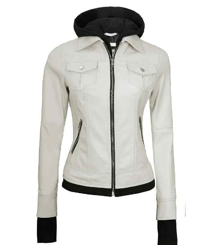 Back view of Women's's White Hooded Leather Bomber Jacket