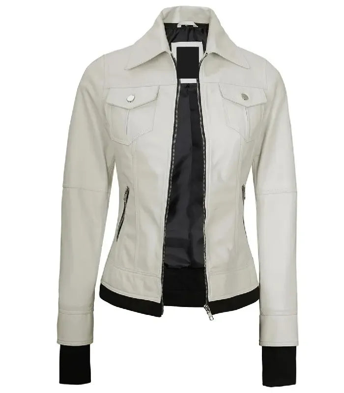 Close-up detail of Women's's White Hooded Leather Bomber Jacket